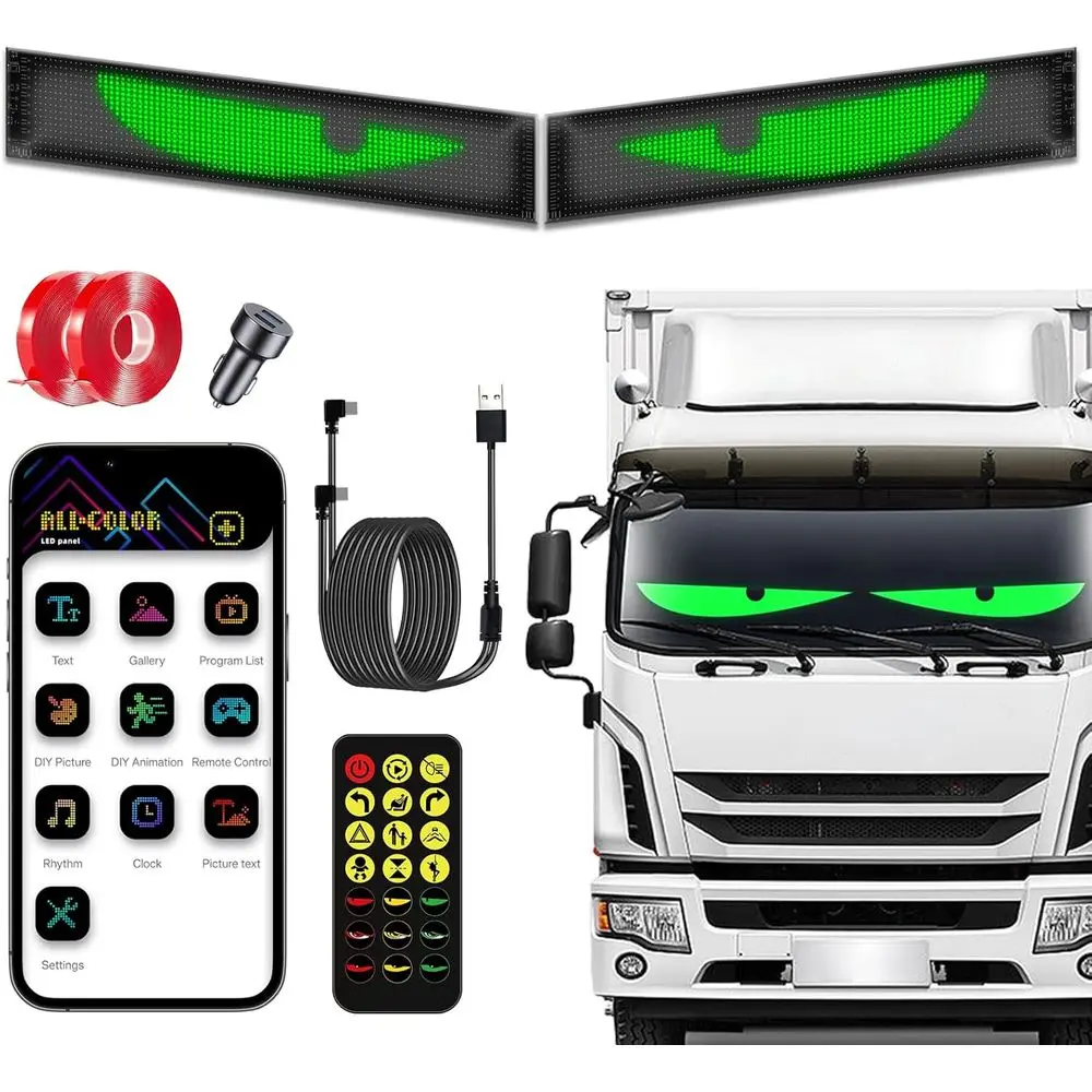 Coppia di luci per parabrezza per camion per auto da 23,6 x 4,73 LED con controllo tramite app, sincronizzazione, testo/immagine personalizzato, flessibili per eventi e decorazioni