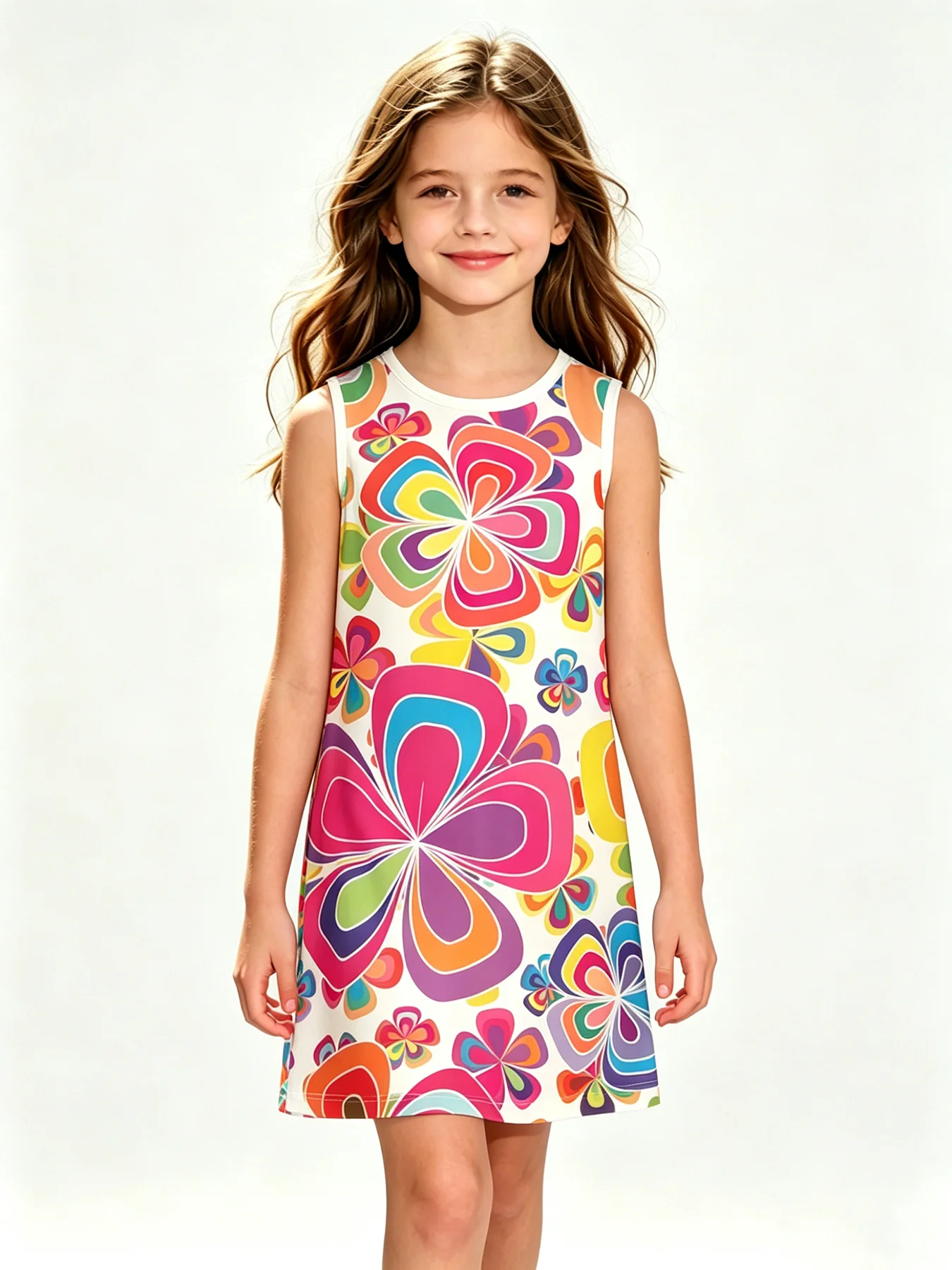 Junior Sleeveless Dress Vibrant Retro Big Floral Print Contrast Trim Casual Summer Daily Outfit for Outdoor Weekend Gatherings