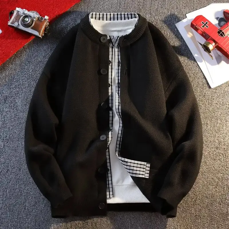 Осенне-зимнее пальто, мужское искусственное двухсекционное модное вязаное клетчатое пальто, свободный повседневный свитер, кардиган в корейском стиле