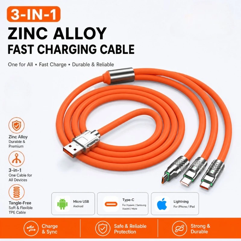 3-in-1 Multi Charging Cable 120W Super Fast Charge Liquid Silicone Cable LED Indicator USB Charger Wire for All Mobile Phones