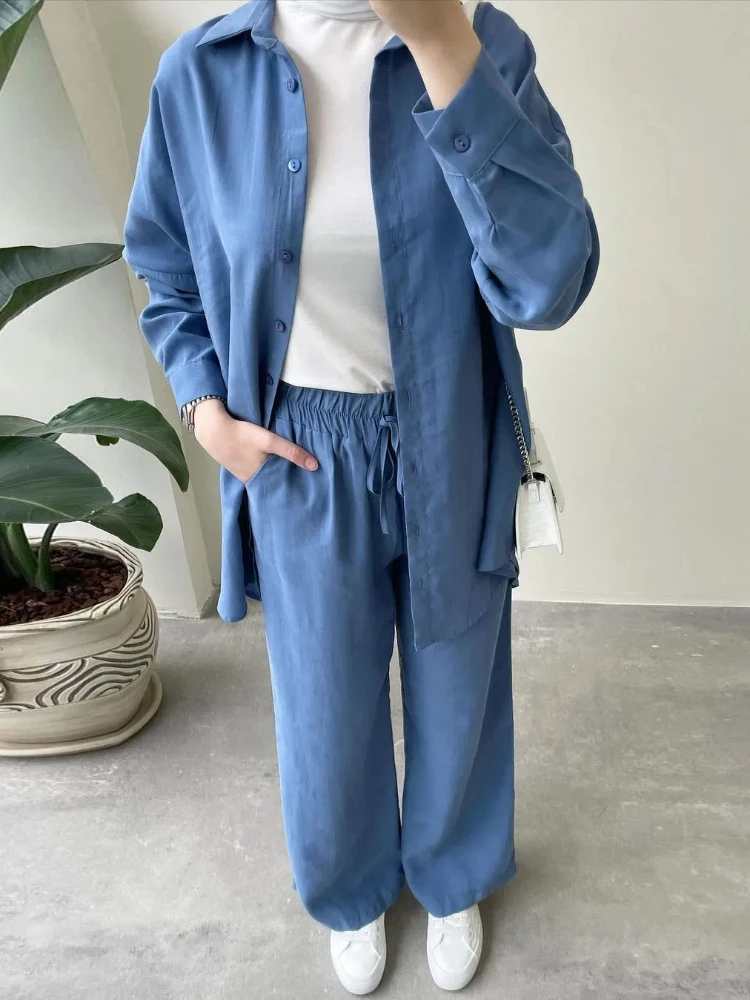 Women Eid Muslim Sets Two Pieces Morocco Ramadan Drawstring Ensemble Kaftan Button Blouses Wide Leg Pants Sporty Pockets