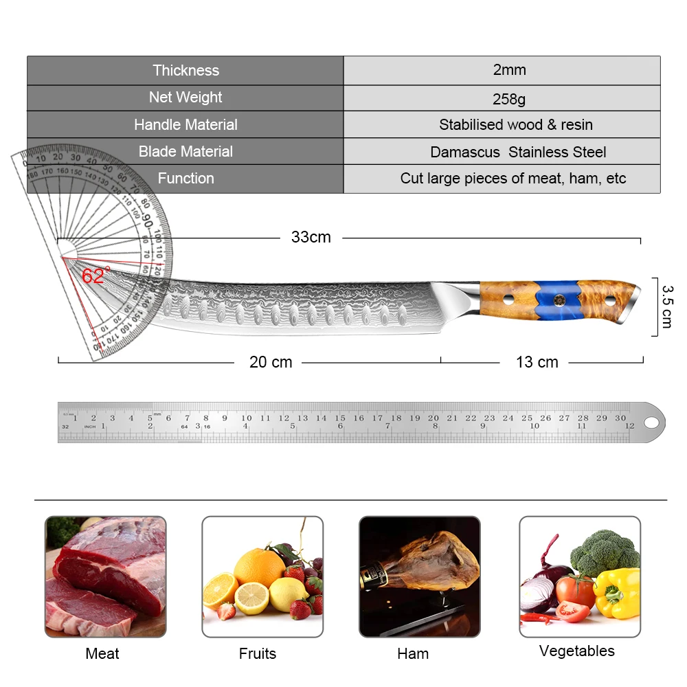 Damascus Steel Breaking Knife Butcher Knife Japanese VG10 Super Steel Full Tang & Razor Sharp Kitchen Knife for Meat hams