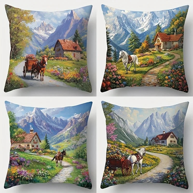 

Наволочка с рисунком маслом в стиле альпийской сельской местности: очаровательный чехол для подушки с изображением гор и коттеджа для уютного деревенского домашнего декора дивана