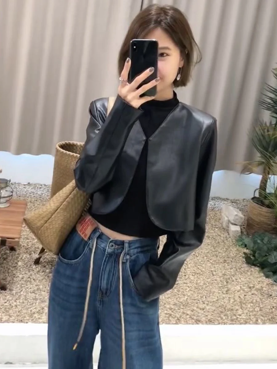 Short High Waist PU Leather Jacket Women's V-Neck Outerwear Casual Fashion Outerwear Compact Size Commute Style Regular Sleeve