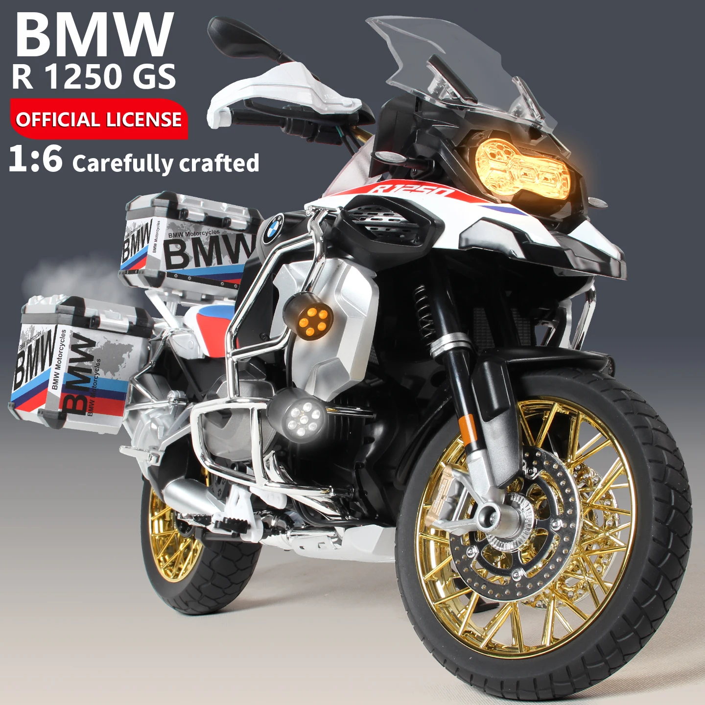 Officially Licensed BWM-R1250GS Motorcycle 1:6 Alloy Metal Diecast Model Sport Superbike Collectibles Toy Simulate Spray Light