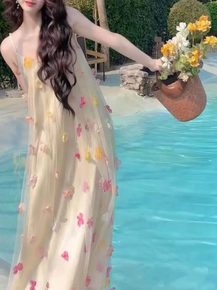 Princ Sle été douce fille anniversaire Dr 3D fleur broderie Ne jupe suspendue plage Vaion longue Dr pour les adolescents