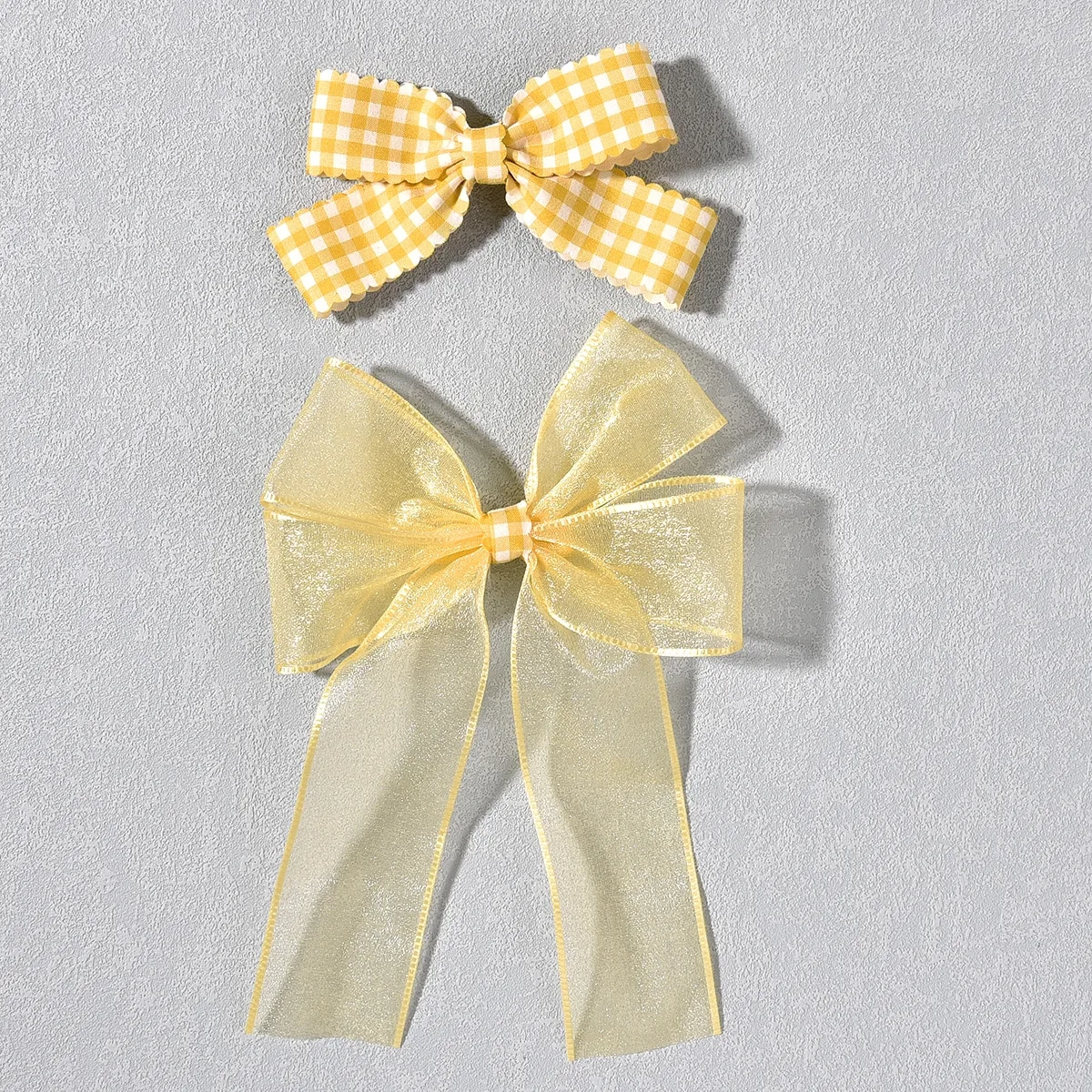 2 Pcs Cute Little Girl Hairpin Yellow Bow TiePlaid Fabric Hairpin Baby and Lady Hair Headpiece For Daily Dressing