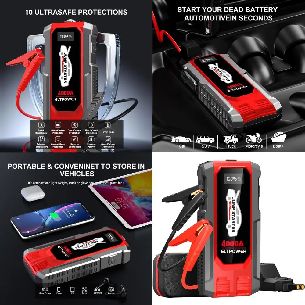 

Car Battery Jump Starter 12V Battery Booster Pack 4000A Portable Jump Starter Jump Box with Jumper Cables USB Power Bank Dual Ou