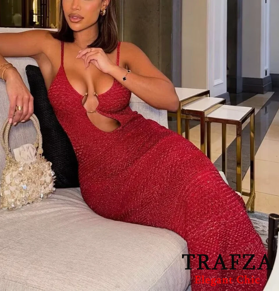 TRAFZA Elegant Sexy Knitted Halter Slim Dress Women\'s Spaghetti Strap Blackless Dress New 2024 Summer Fashion Date Dress