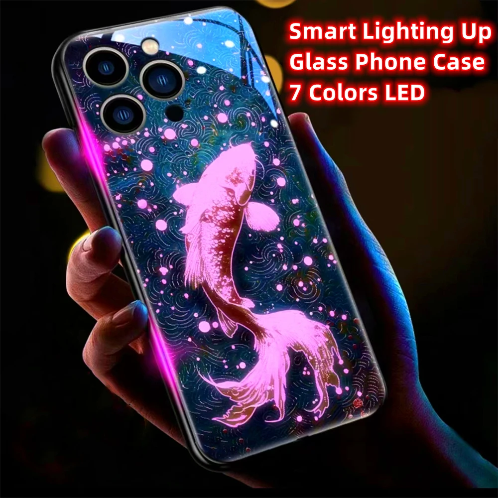 Colorful Lucky Carp Sound Control LED Flash Cases Luminous Glass Cover For Samsung S25 S24 S23 S22 S21 S20 FE Note 20 Plus Ultra