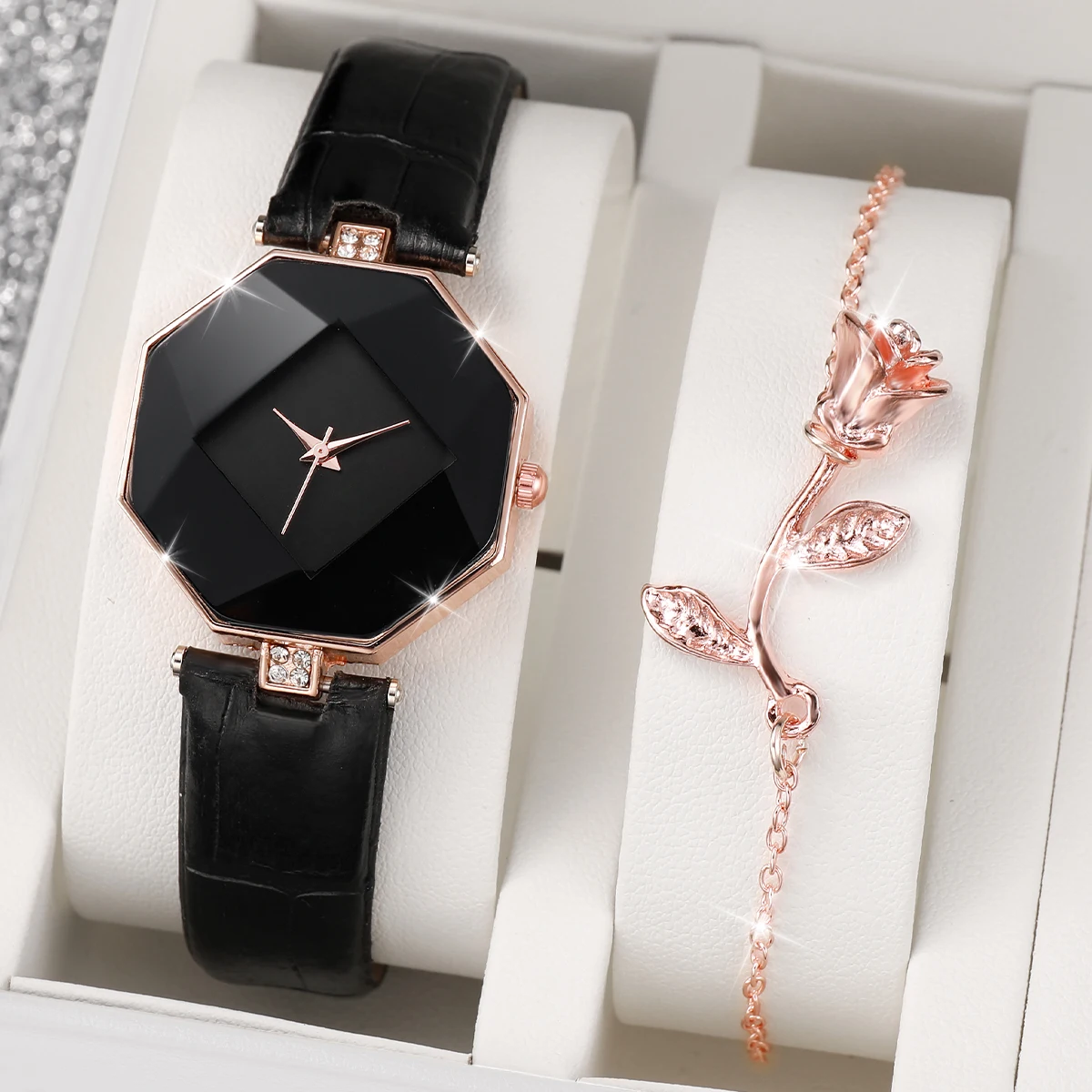 2PCS Women Dress Watches Fashion Ladies Leather Band Quartz Watch Bracelet Set Relogio Feminino（Without Box）