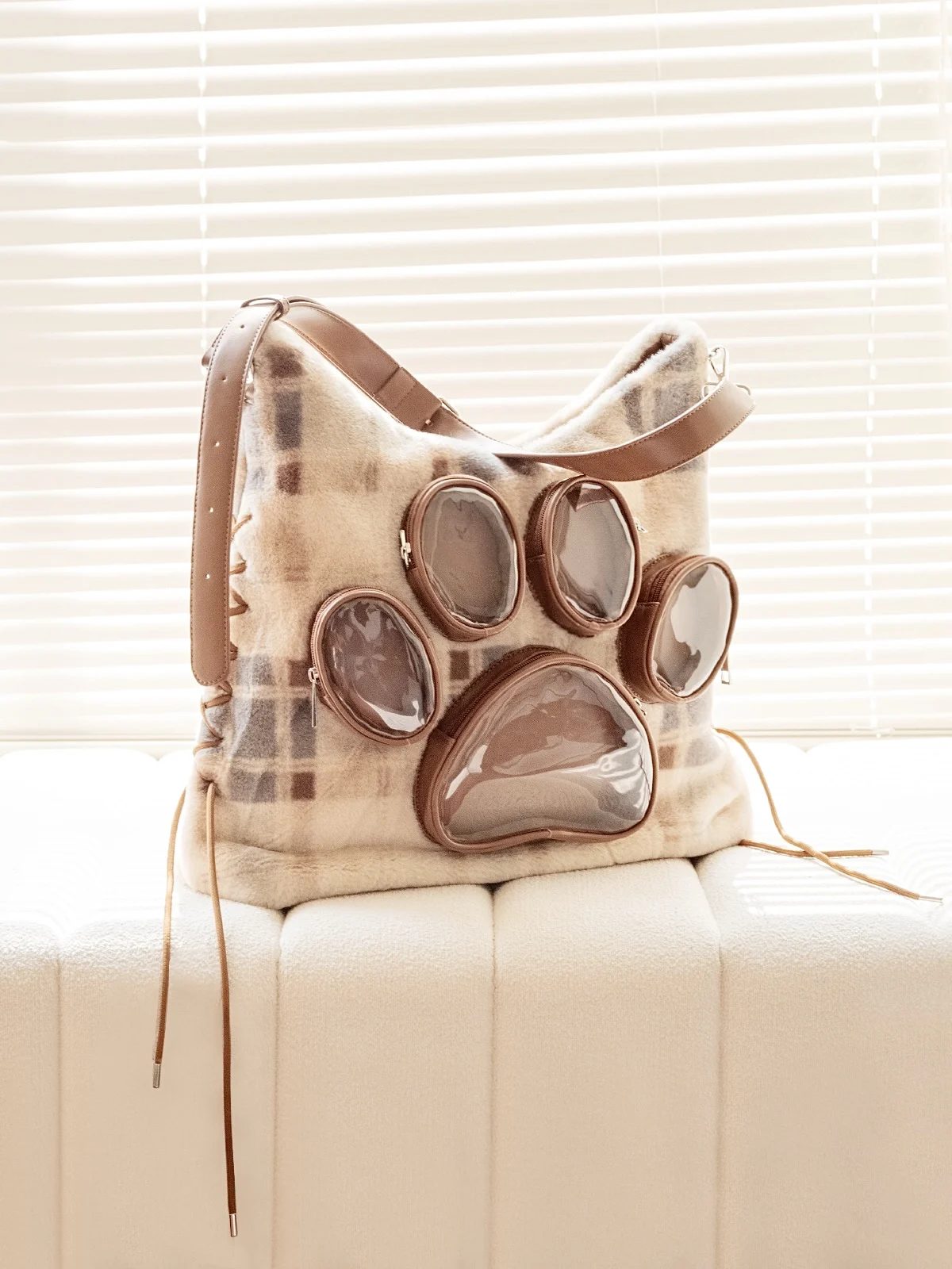 Pre sale styles Original Paw Plush Shoulder Crossbody Pain Bag Large Capacity Plaid Backpack Cute Dog/Cat Paw Bag