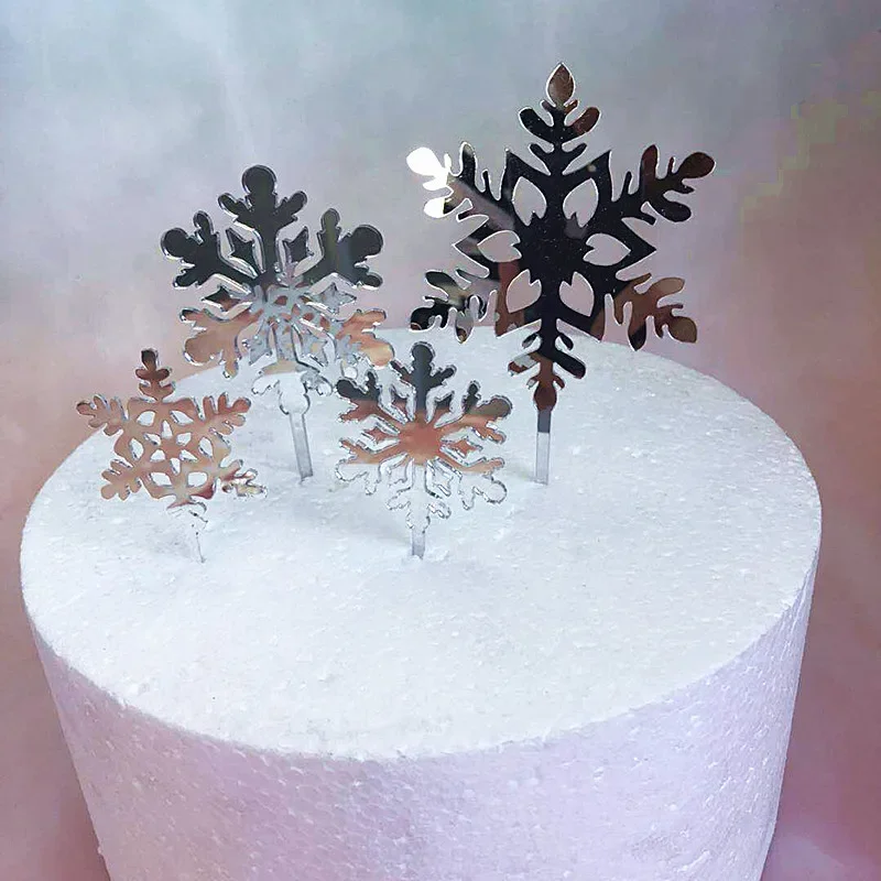 4pcs/set Winter White Glitter Silver Snowflake Acrylic Christmas Cake Decoration Merry Christmas Topper Party Supplies Decor