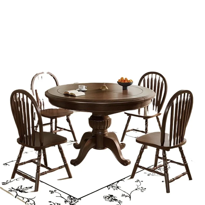 

American retro rubber solid wood dining table household small retractable folding round table French dining table