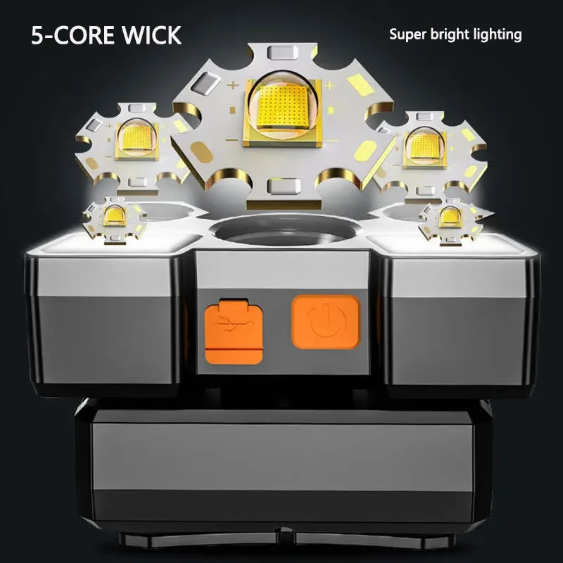 Powerful USB Rechargeable 5LED With Built-in 18650 Battery Portable LED Flashlight Lantern Headlamp For Camping Headlight