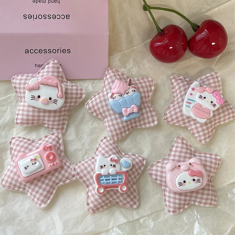 Sanrio Hello Kitty klip rambut bintang kotak-kotak lucu untuk hadiah aksesori rambut kartun klip poni samping modis manis untuk wanita