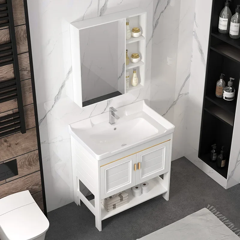 Simple Floor Bathroom Vanity Cabinet with Ceramic Sink  White Storage Unit with Soft-Close Drawers Water-Resistant Wood Base