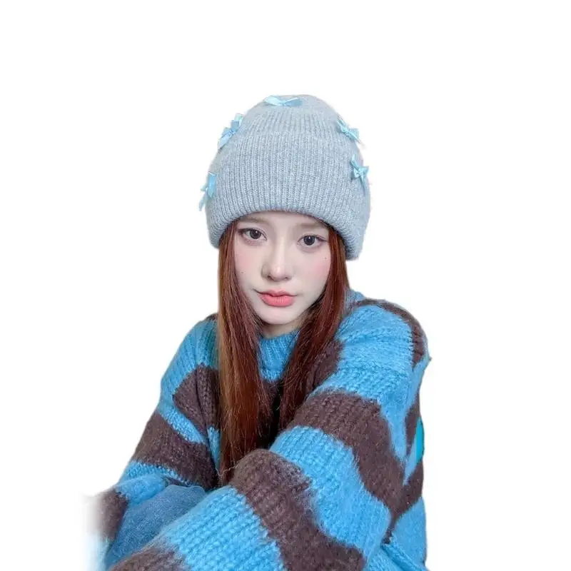 652F المرأة الجمجمة قبعة الوردي الأقواس رصع قبعة كومة بونيه الجمجمة مكبل محبوك قبعة #2