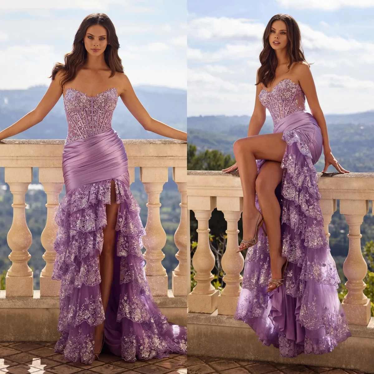 New Purple Evening Dresses Elegant Strapless Tiered Gala Dress Women Sleeveless High Slit Ruffled Customized Vestido De Festia