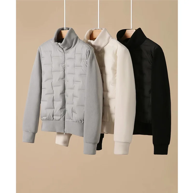 Femmes polaire courte doudoune hiver col montant Patchwork tricot fermeture éclair chaud mince doudoune, manteau décontracté