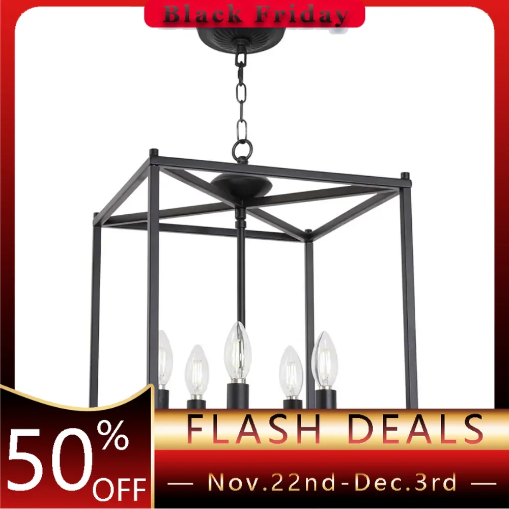 Foyer Chandelier 5 Lights Farmhouse Candle Pendant Fixture Lantern Hanging Ceiling Lights Matte Black Industrial  Light Fixtures