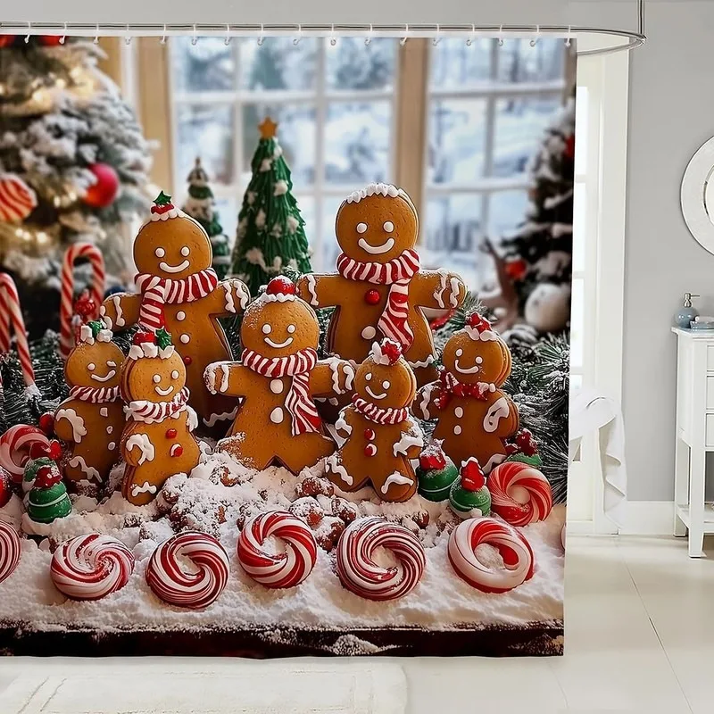 Christmas Snowflake Gingerbread Man Candy Cane Christmas Tree Bathroom Shower Curtain No Drilling with 12 Hooks