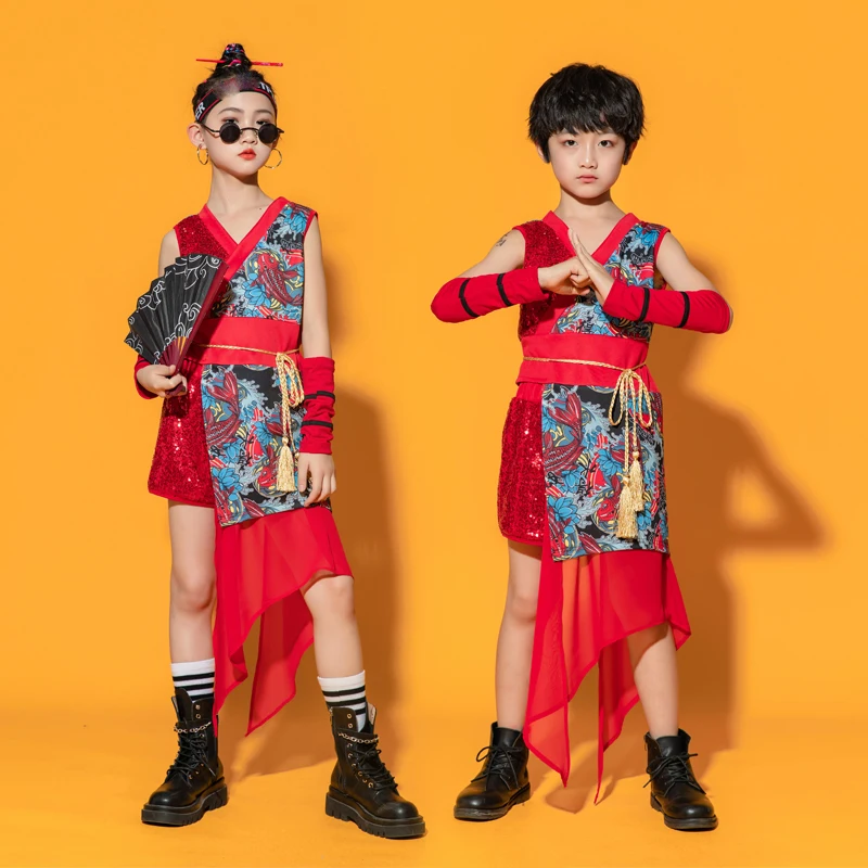 Chinese Stijl Kids Boys Hiphop Performance Outfits Nationale Tide Jazz Dance Kostuum Meisjes Model Catwalk Show Cheongsam