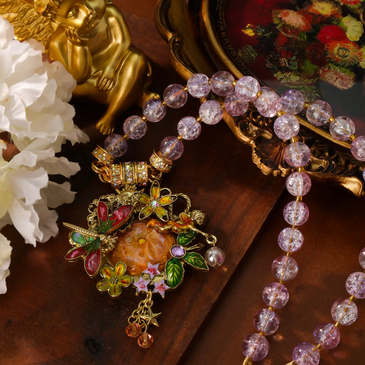 Vintage Necklace for Women Luxury Fairy Garden Purple Beaded Chain with Butterfly Floral Enamel Pendant Charms for Party