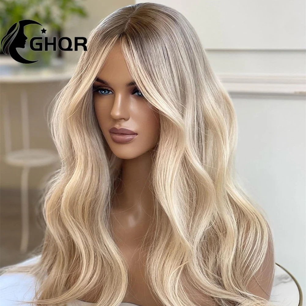 Highlight Menschenhaar volle Spitze Frontal Perücke braune Wurzeln HD transparente Schweizer Spitze 13x4 Spitze Frontal blonde Perücke natürliche