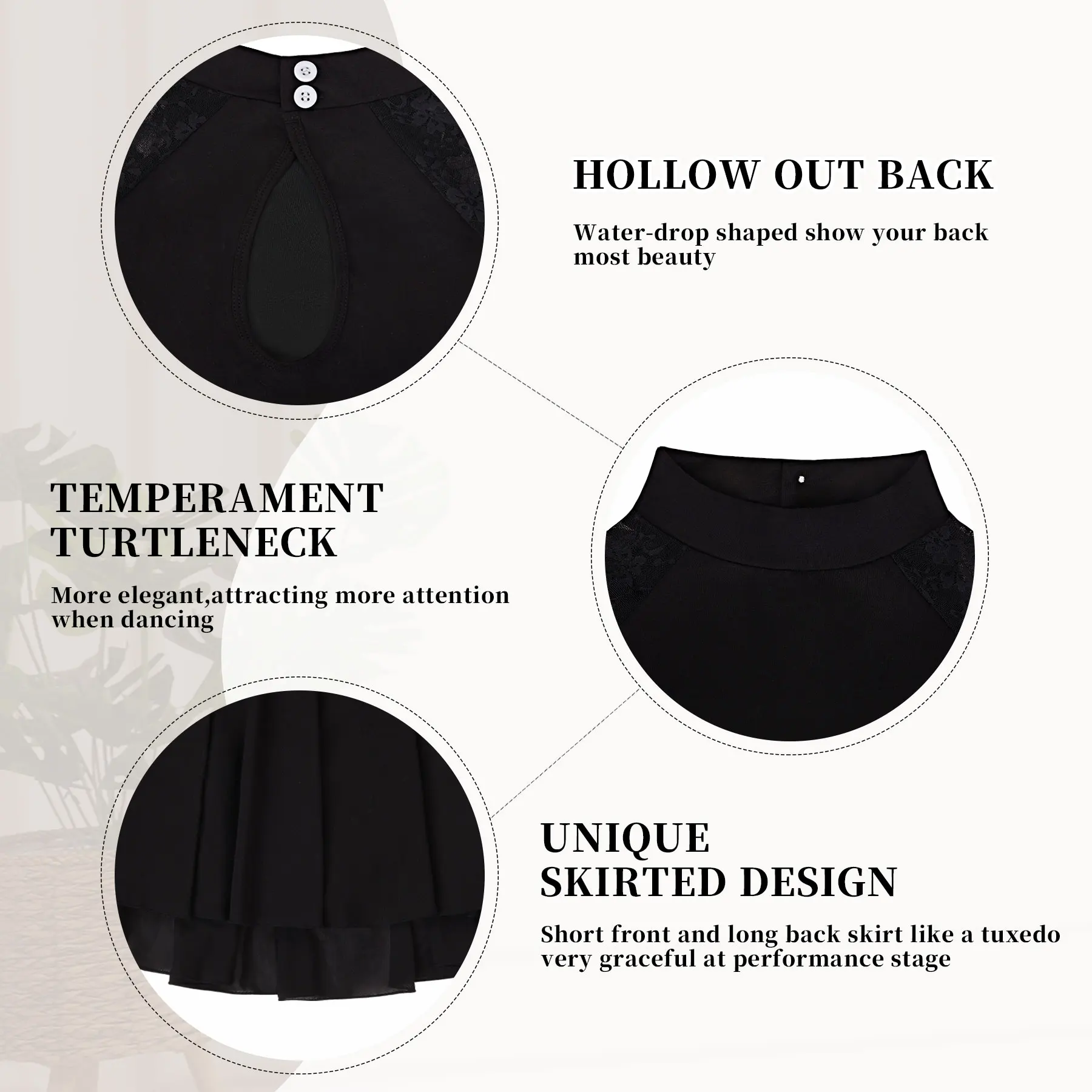 黒のダンスレオタード,長袖,レースのバレエドレス,水滴の形,体操服