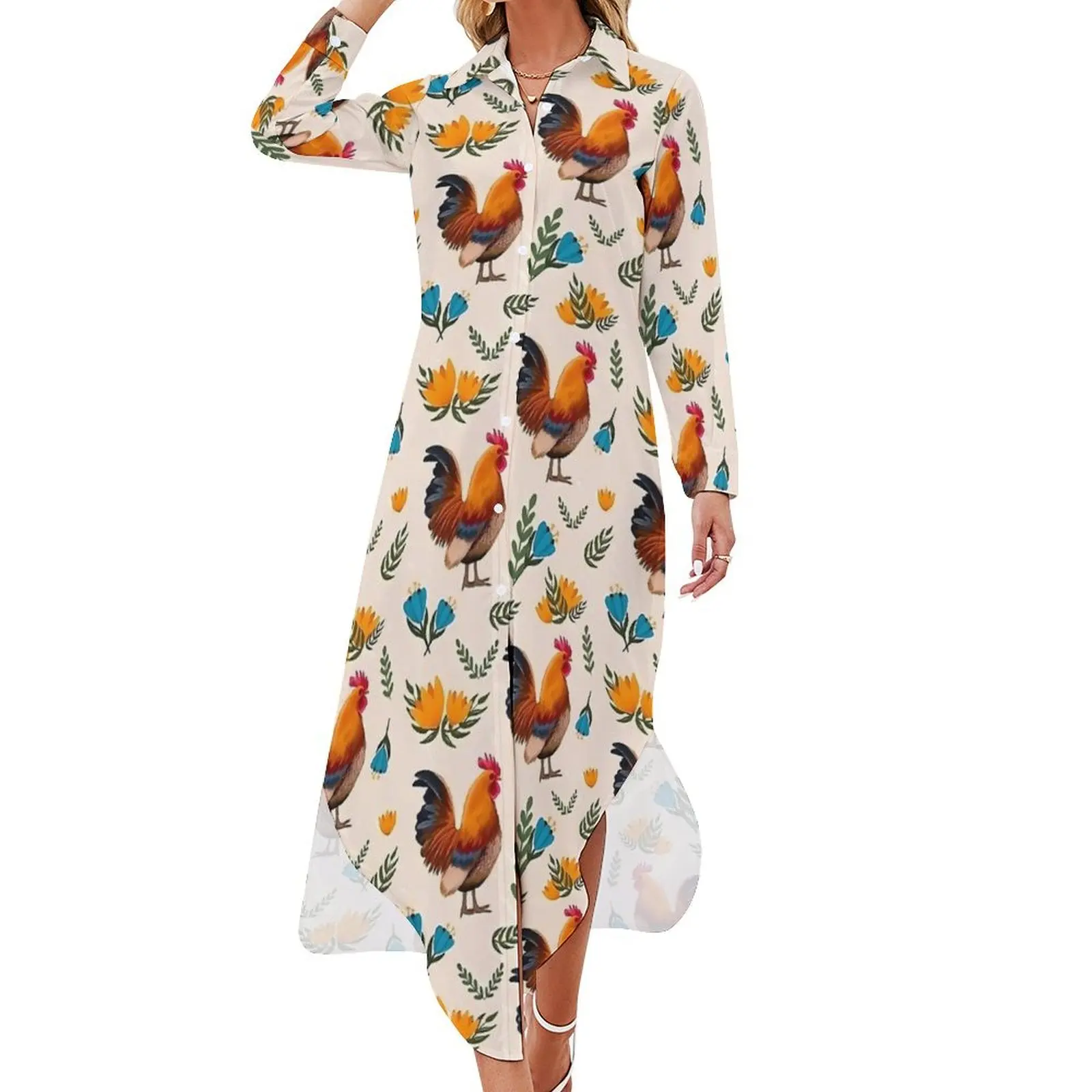 Folk Art Chickens Casual Dress Florla Print Streetwear Dresses Long Sleeve Vintage Women V Neck Pattern Oversize Chiffon Dress