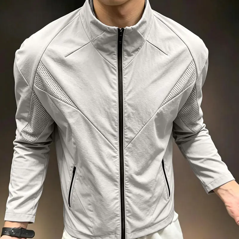 Men Summer Slim Fit Sun Protection Jacket Zipper Mesh Stand Collar Quick Dry Lightweight Outdoor Cycling Running Coat
