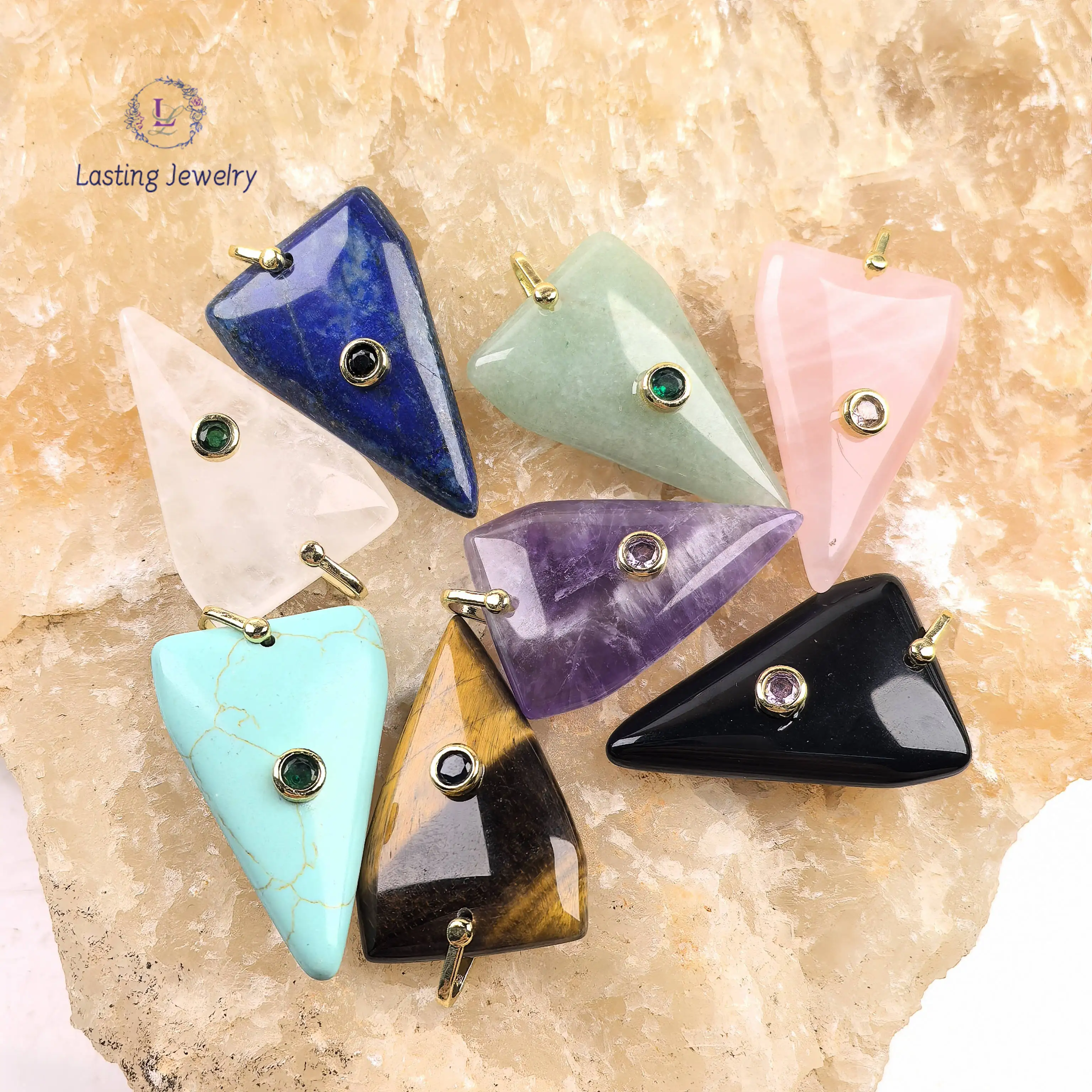 Gemstone Arrow Pendants With Inlaid Colored Zircon Healing Crystal Triangle Quartz Lapis CZ Charms For Necklace Jewelry Making