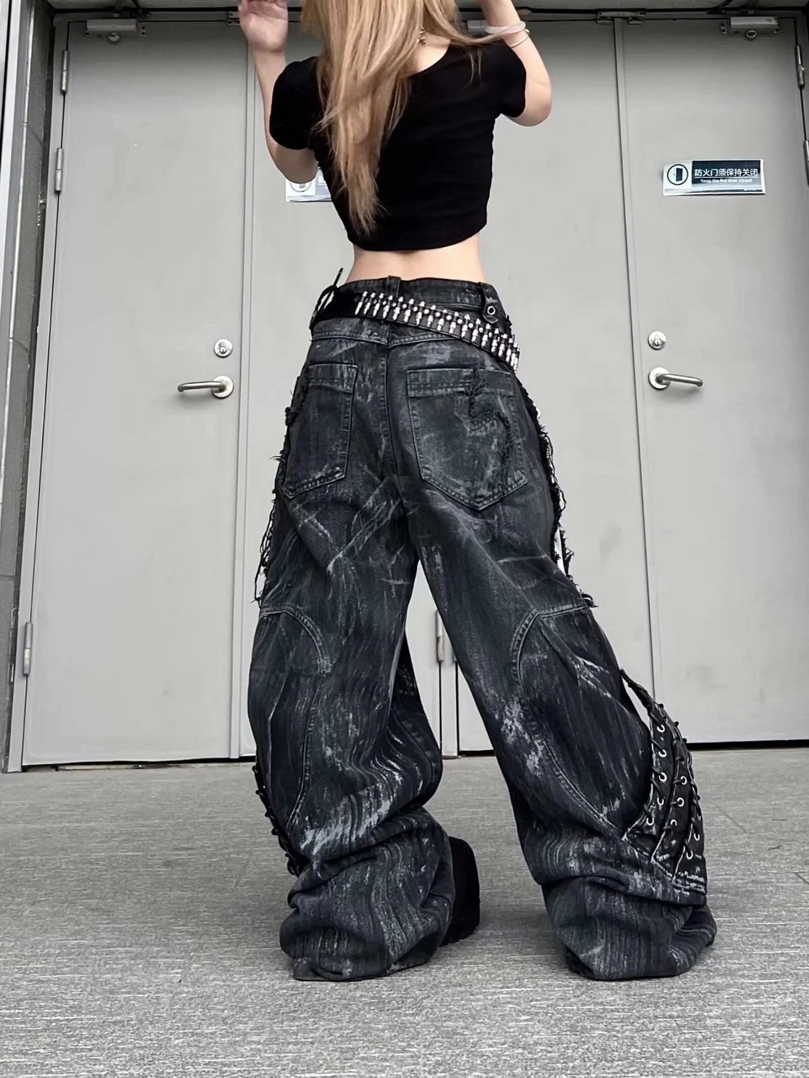 Vintage Patchwork Distressed Jeans Hip Hop Loose Wide Leg Cargo Pants Women's Washed Distressed Denim Trousers - Image 5