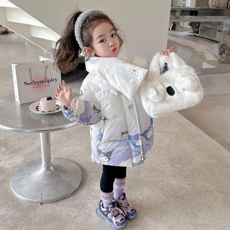 Kawaii Sanrios Girls' Padded Jacket Winter Cartoon Kids Fashion Thickened Cotton Coat Kuromi Mid-Length Warm Cotton Clothes Gift