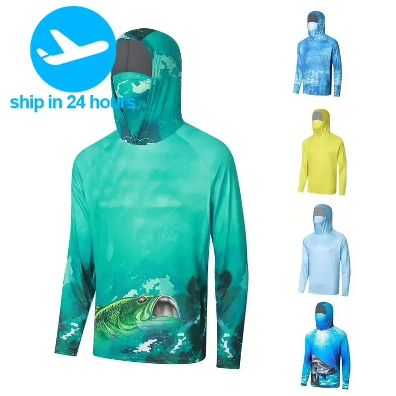 Fishing Shirts  Men's Hooded Face Cover Fishing Clothes Summer Long Sleeve Sun Protection Camouflage Fishing T-Shirts