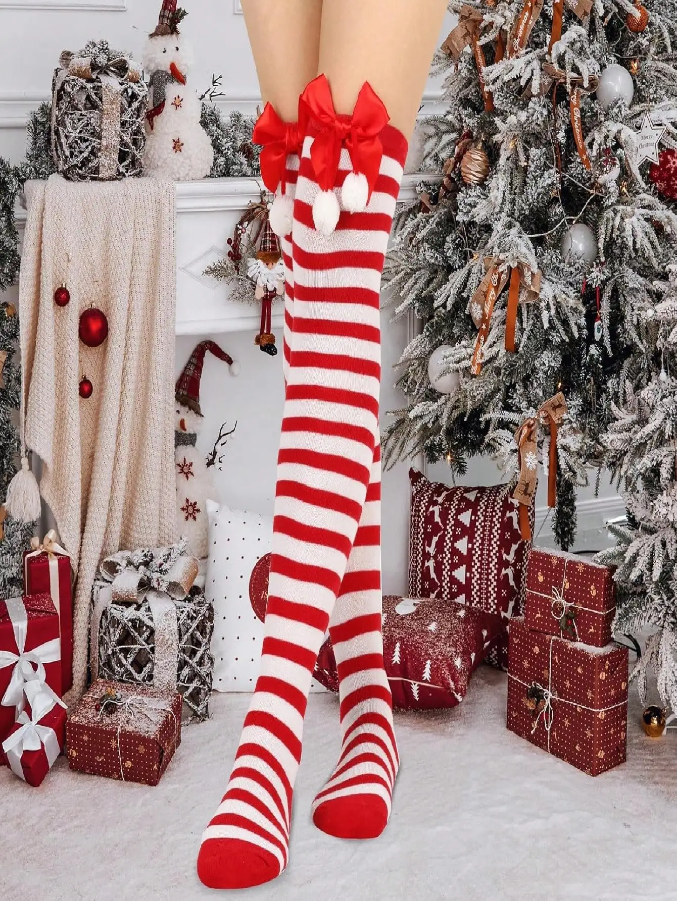 

1 Pair Women & Teens Christmas Striped Thigh-High Socks with Pom-poms - Cute Holiday Accessory