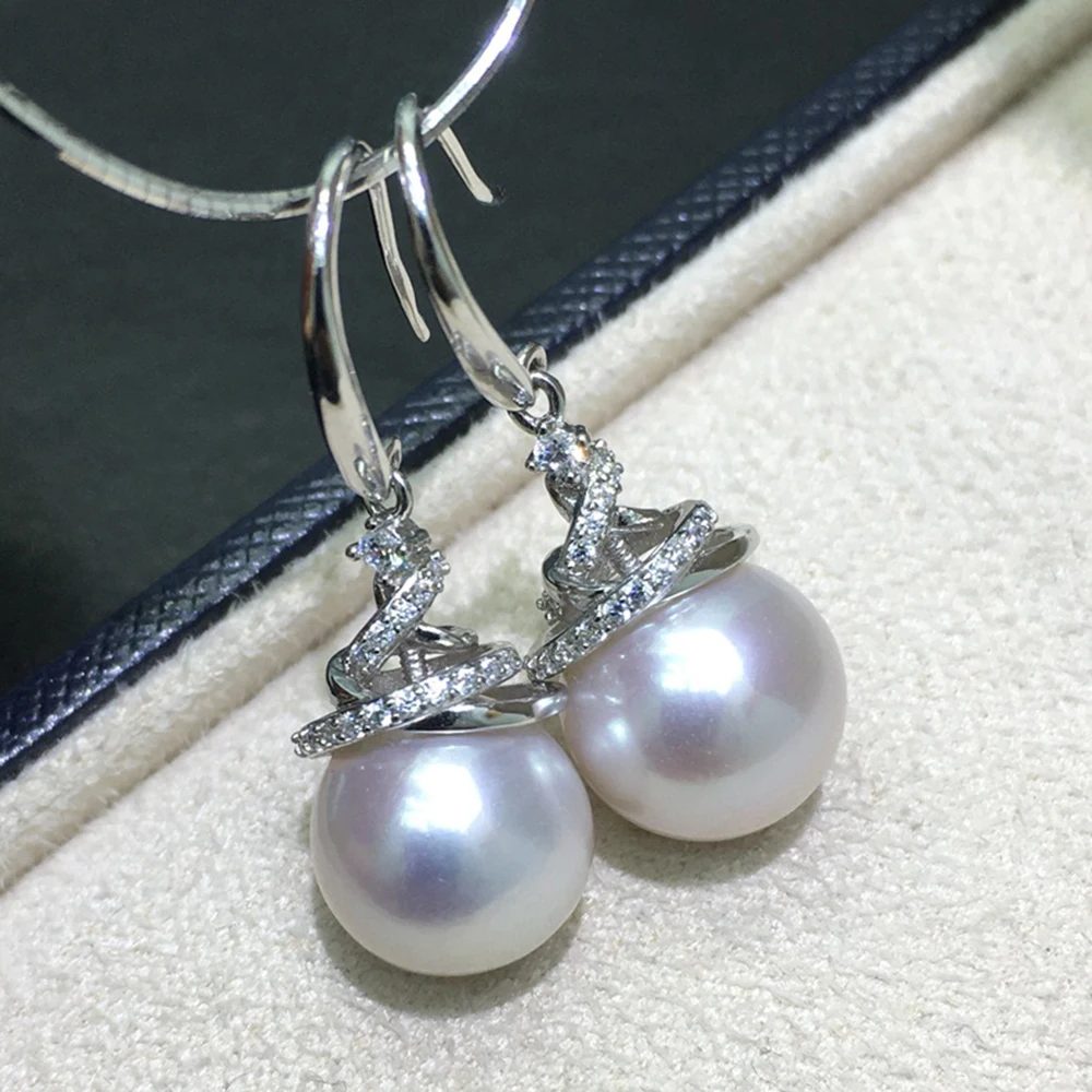 Exclusive 925 Sterling Silver Stacked Shiny Zircon Hook Earrings 10-11mm White Round South Sea Genuine Pearl Free Shipping