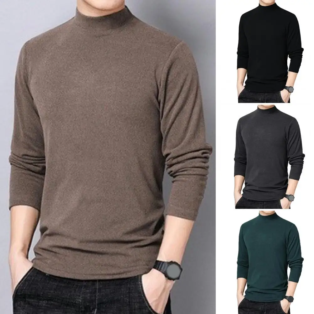 Men Long Sleeve Solid Color Shirt Cozy Mock Collar Sweatshirt Fall Winter Soft Warm Mid Length Pullover Bottoming Sweatshirt Top