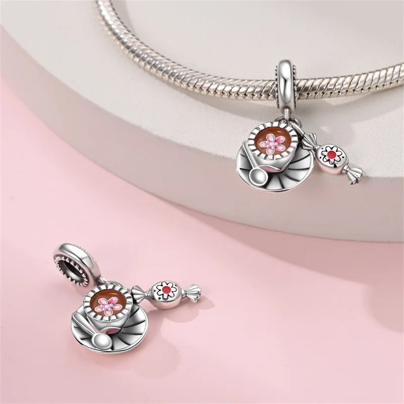 New in Original 925 Sterling Silver Heart-Shaped Doughnut Coffee Strawberry Cake Charms Beads Fit Pandach Bracelets DIY Jewelry