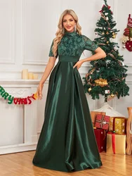 Lucyinlove Elegant Short Sleeve Formal Evening Dress For Women 2024 O-neck Satin Prom Party Green Dress Floor Length Green Gowns