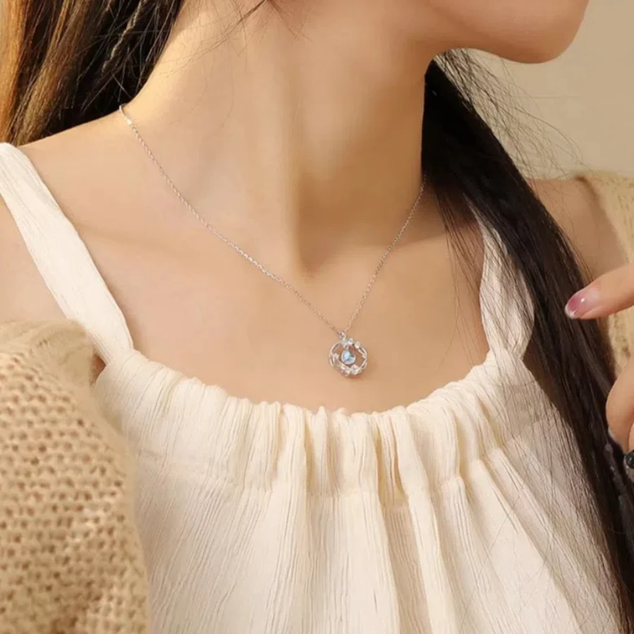 

S925 Pure Silver Necklace, Moonstone Pendant, Sweater Chain