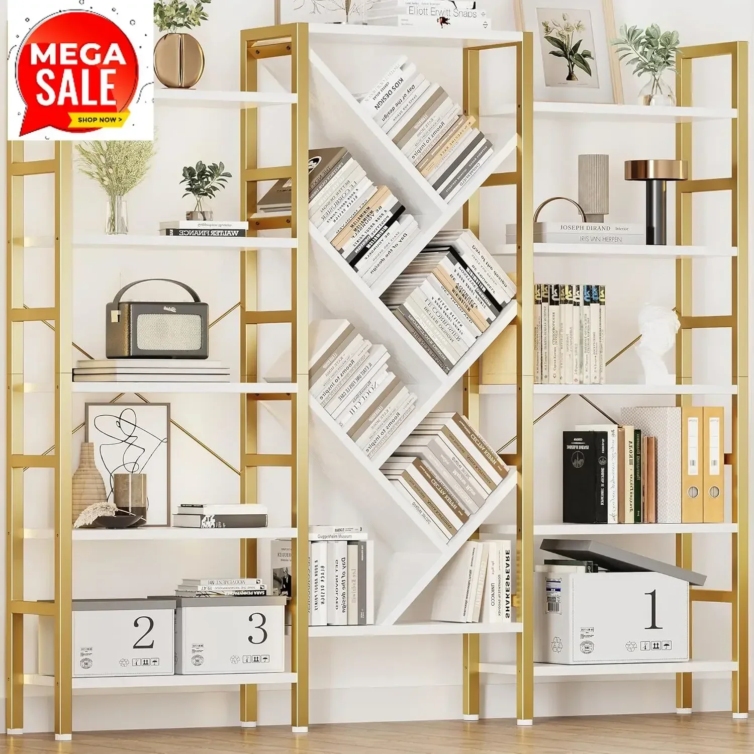 Large Wooden Bookcase 70x70 Inch Triple 5 Tier Tree Bookshelf 17 Open Display Shelves Metal Frame Tall Book Case For Living Room
