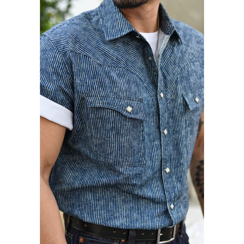 Men's Short Sleeve Striped Casual Shirt Dyeing Pattern American Style Vintage Breathable Cotton Summer Shirt Open Cardigan