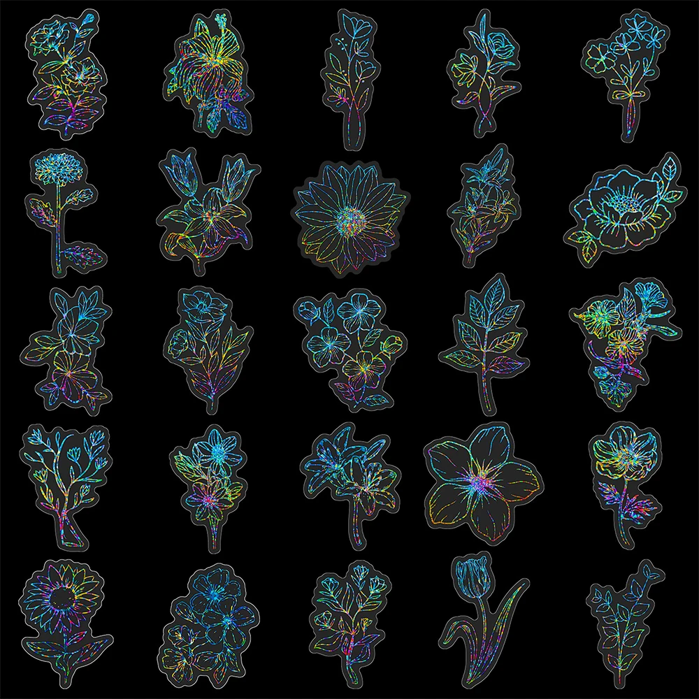 10/30/50pcs Holographic Laser Flowers Cartoon Stickers Aesthetic Decals for Kids Toys DIY Stationery Phone Notebook Cute Sticker