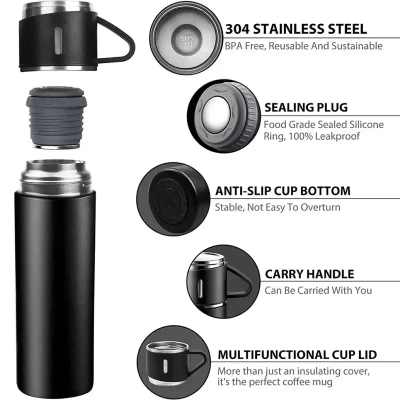 

500ML Insulated Cup 304 Stainless Steel Vacuum Business Straight Cup Travel Mug Outdoor Sports Portable Thermos Coffee Tumbler