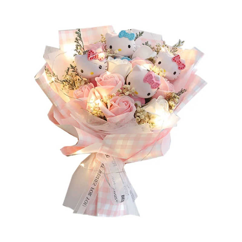 Sanrio Hellokitty Kawaii Plush Stuffed Doll Bouquet Cute Soap Flower Rose Flower Cartoon Bouquet Valentine Day Birthday Girl Gif