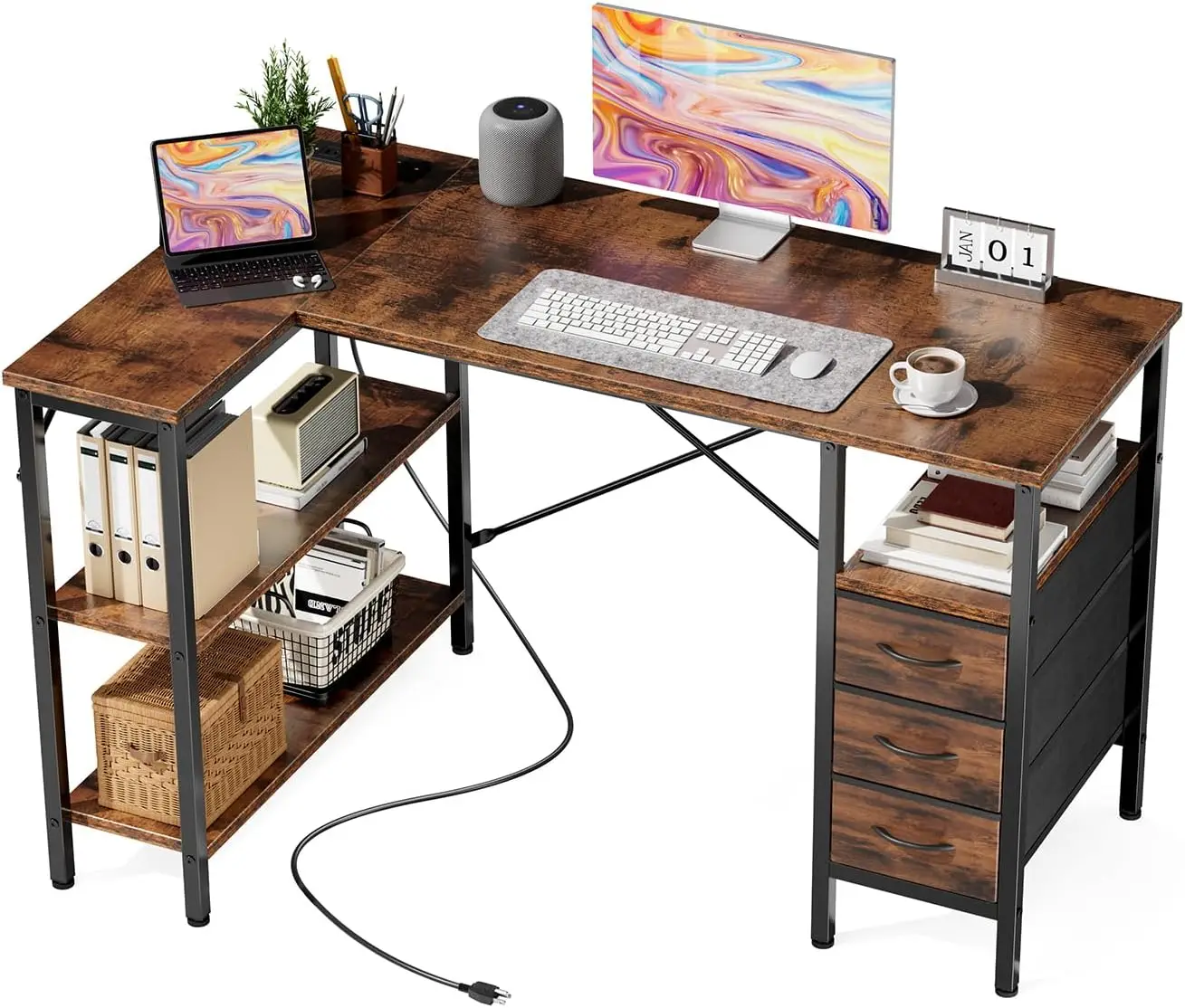 

47 Inch L-Shaped Gaming Desk with Power Outlets, 3 Drawers, Shelves for Home Office, Study in Rustic Brown