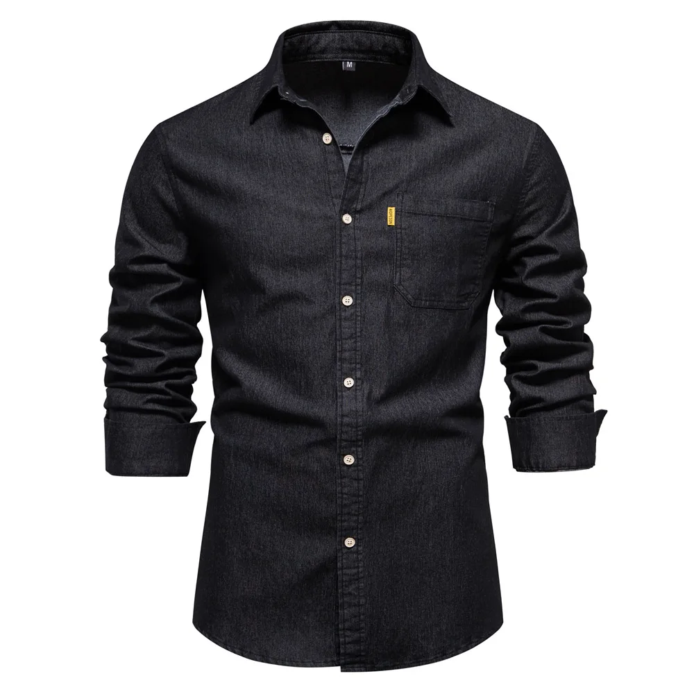 Camisa de vaquero de manga larga para hombre, camisa de algodón clásica con bolsillo de solapa decoración ropa de hombre de calidad, moda de