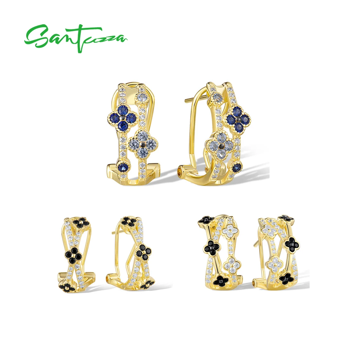 

SANTUZZA Pure 925 Sterling Silver Clip-On Earrings For Women Sparkling Blue & Black Flower Fashion Wedding Fine Jewlery Gifts